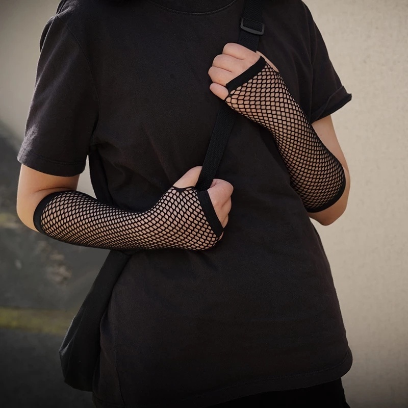 Găng tay lưới dài hở ngón màu neon phong cách gothic punk dành cho nữ