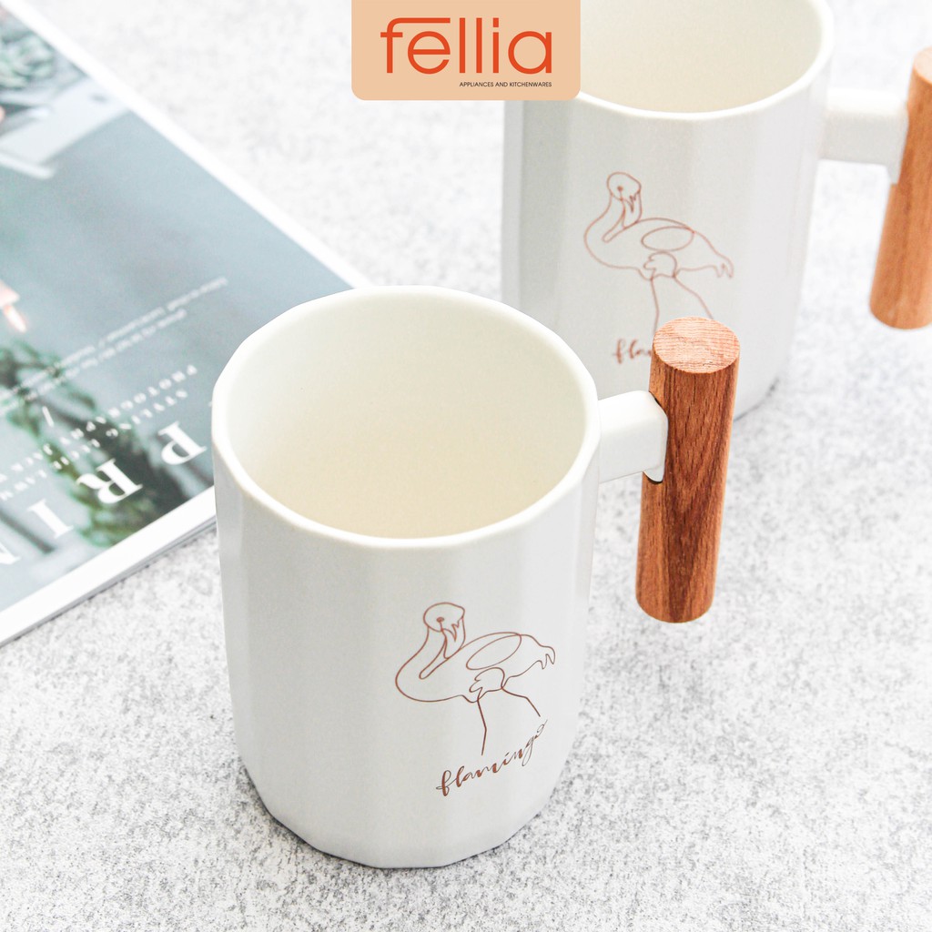 Ly cốc sứ Flamingo Fellia tay cầm gỗ cách nhiệt, chống trơn phong cách văn phòng, thanh lịch_FEL10991