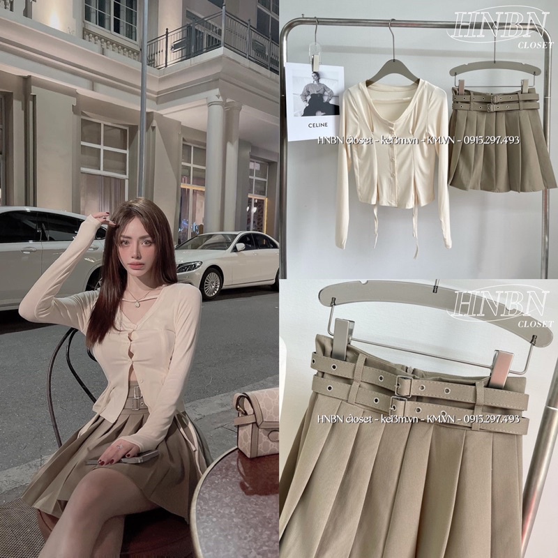 Set áo thun dài tay + chân váy kèm belt
