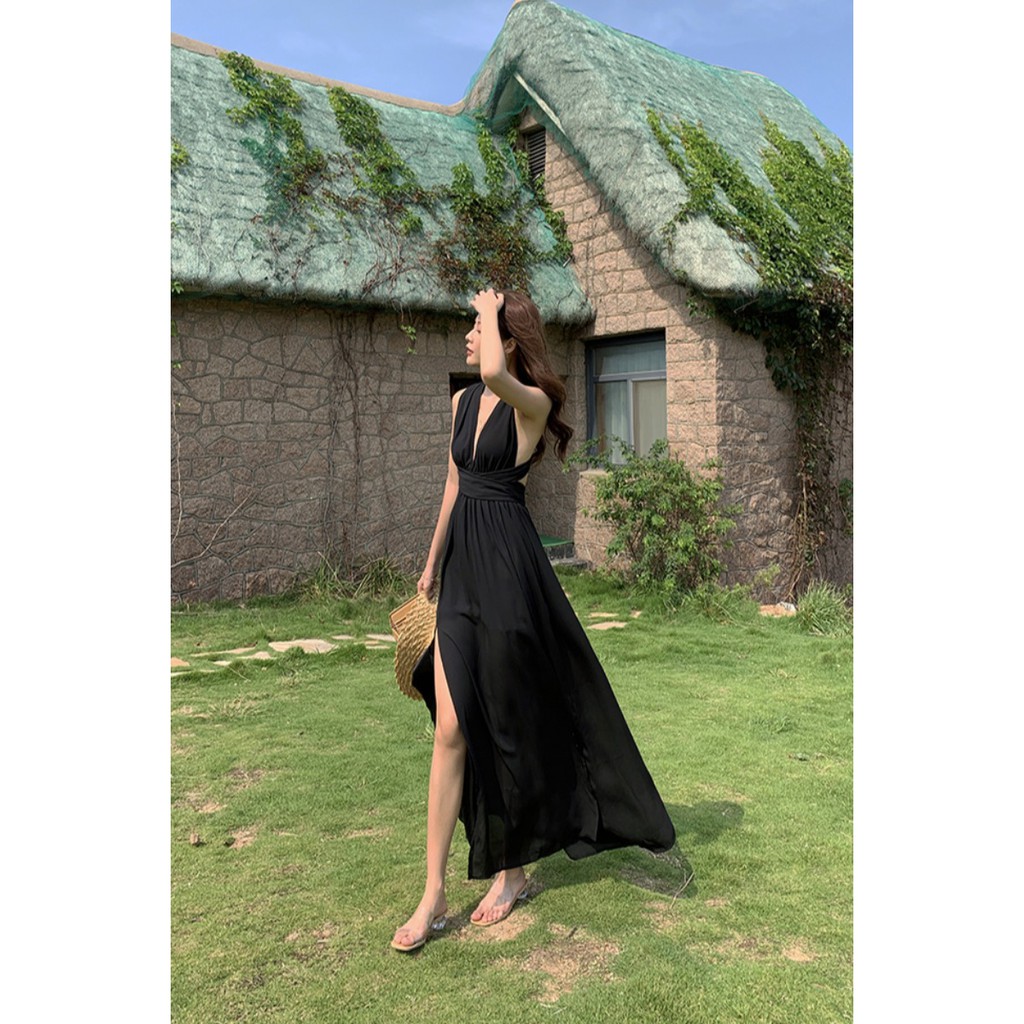JANE'S Đầm maxi đi biển cổ yếm hở lưng xẻ tà cổ chữ V tông đen quyến rũ T179