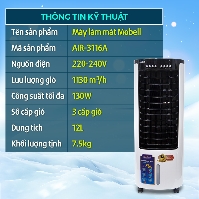 Quạt điều hòa không khí siêu mát, Quạt làm mát Mobell-3116A - Công suất 130W- Dung tích 12L . Bảo hành lên đến 12 tháng.