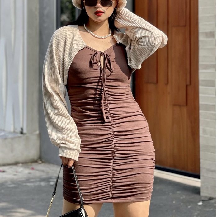 Đầm body bigsize 2 dây sexy tôn dáng dây rút MUP Bigsize DBD02