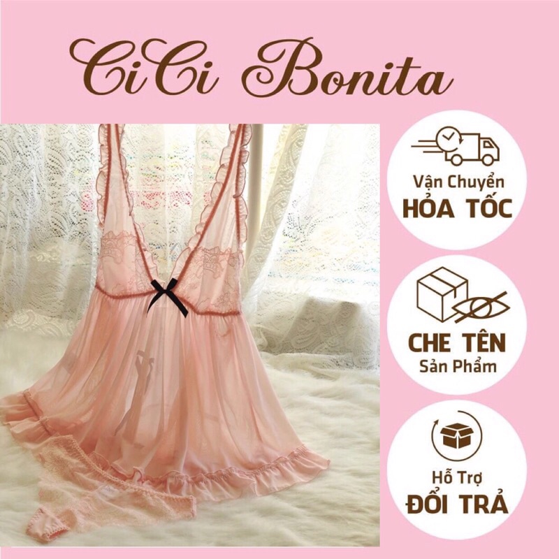 Đồ ngủ nữ/ Váy ngủ sexy/ Đầm ngủ viền bèo ren mềm mại bồng bềnh CICI BONITA CV34