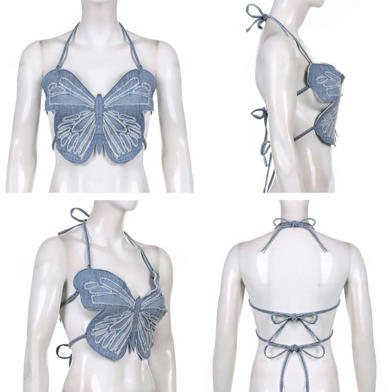 Áo Croptop Denim Không Tay Cổ Chữ V Hở Lưng Họa Tiết Bướm Gợi Cảm Cho Nữ
