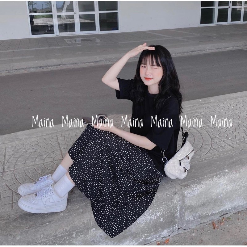 Chân váy chấm bi đen voan lụa siêu mát - Chân váy midi hottrend 2021 Maina | BigBuy360 - bigbuy360.vn