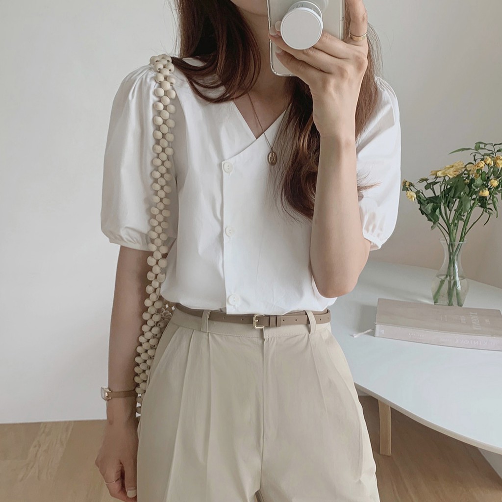 Áo Sơ Mi Tay Ngắn Cổ Chữ V Màu Trơn Dễ Thương Dành Cho Bạn Nữ 34772