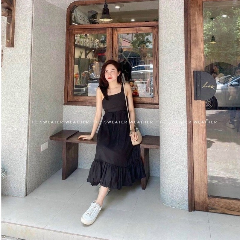 Váy buộc nơ lưng 2 màu freesize - Váy hai dây dáng maxi dáng suông phom rộng buộc nơ lưng chất đũi siêu mát C306