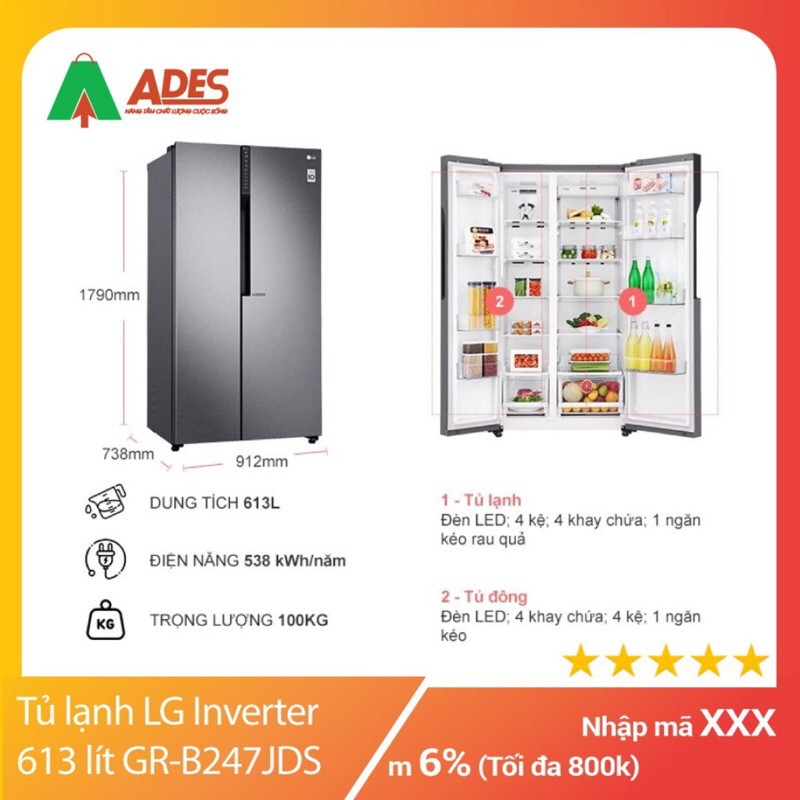 Tủ lạnh LG Inverter 613 lít GR-B247JDS - Giá chưa bao gồm VẬN CHUYỂN NỘI THÀNH