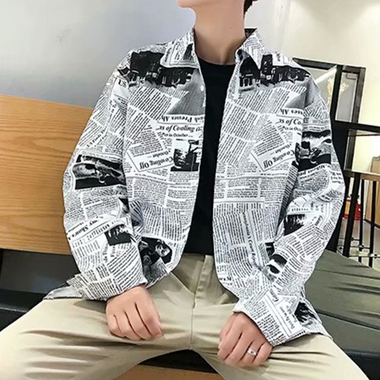 Áo Sơ Mi Nam Tay Dài In Họa Tiết Tờ Báo S-2Xl Phong Cách Hàn Quốc