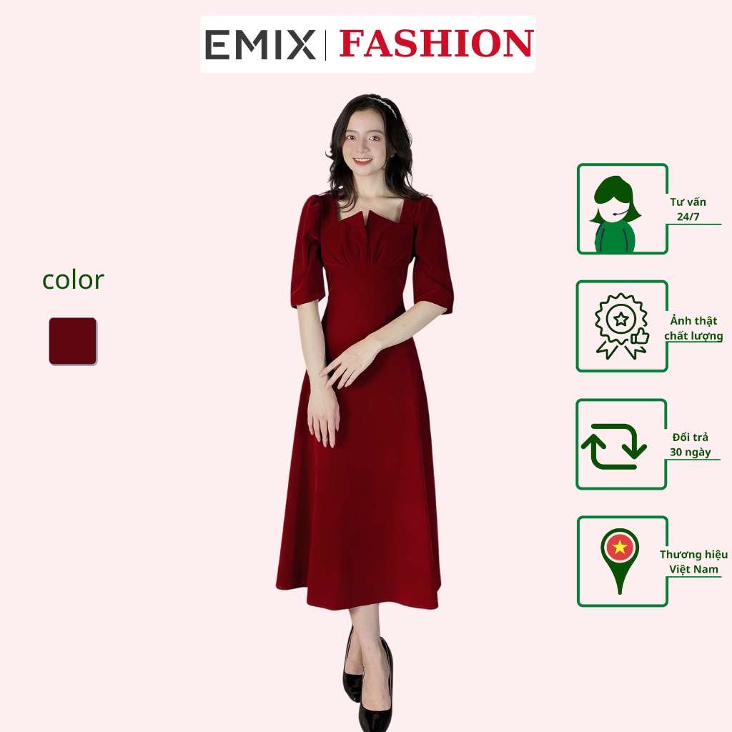 Váy công sở nữ vintage sang chảnh EMIX (màu đỏ), tay lỡ, xẻ ngực, dáng dài, thiết kế xẻ ngực, vải nhung mềm