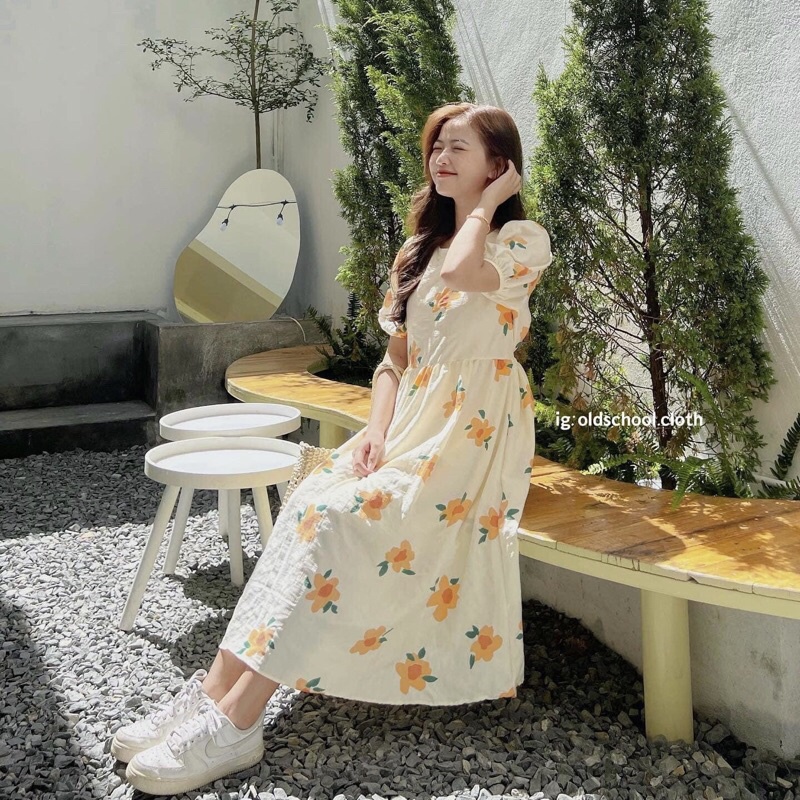 Váy Babydoll hoa cam tay bồng chất đũi xốp Pea Store - Đầm hoa dáng dài đũi xốp xinh xắn