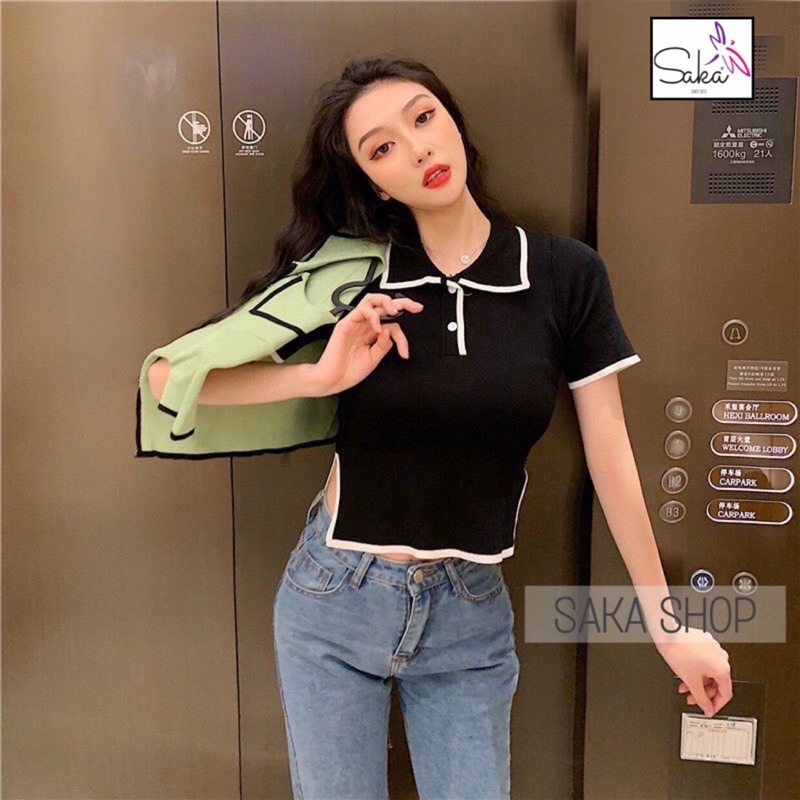 Áo croptop nữ thun cổ sơ mi phối nút dễ thương nhiều màu