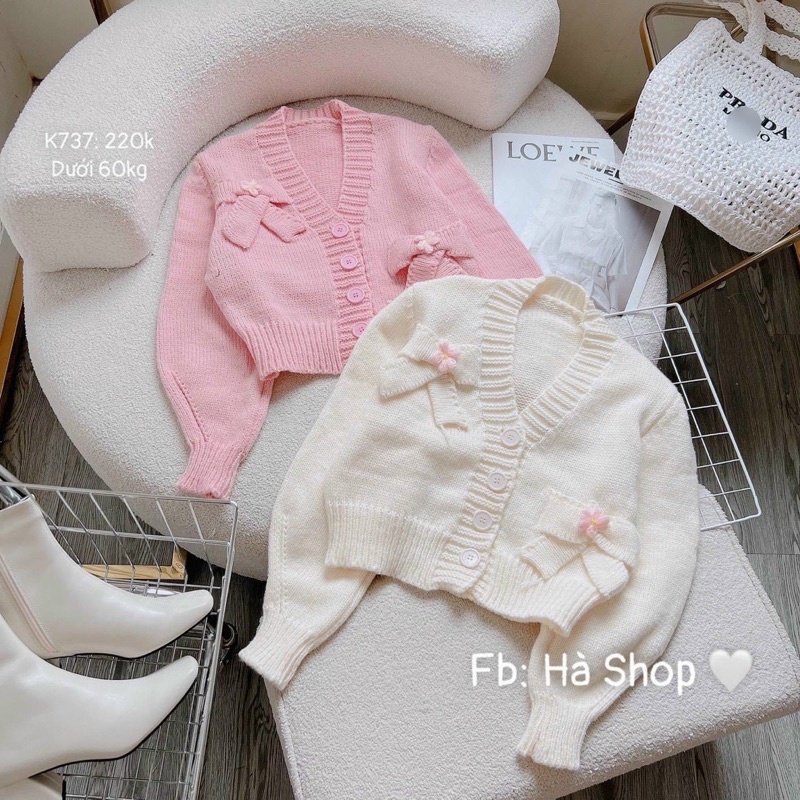 Áo cadigan len nơ trắng hồng siêu cưng, len Quảng dày dặn