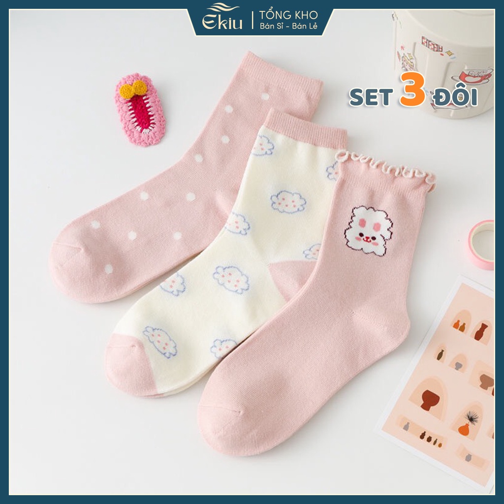 Tất nữ cổ ngắn set 3 đôi họa tiết cute dễ thương phong cách Hàn Quốc co giãn 4 chiều - Ekiu Shop