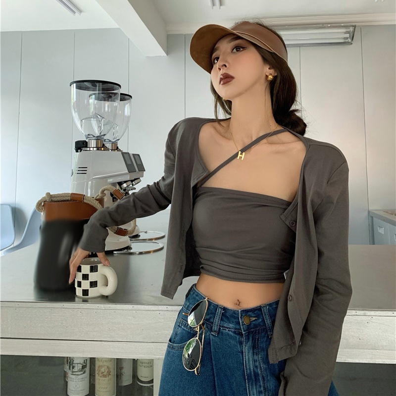 Bộ áo khoác cardigan ngắn mỏng và áo 2 dây nhiều màu phong cách Hàn Quốc gợi cảm cho nữ