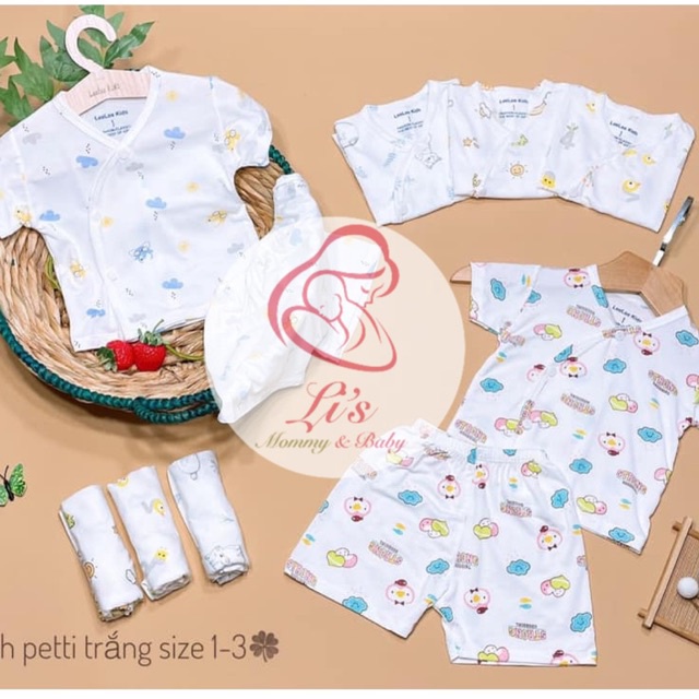 Bộ quần áo trẻ em sơ sinh 0 12 tháng cộc tay Hi Mom petit LỆCH CỘC Trắng xuân hè cho bé trai bé gái nam nữ BCT0034