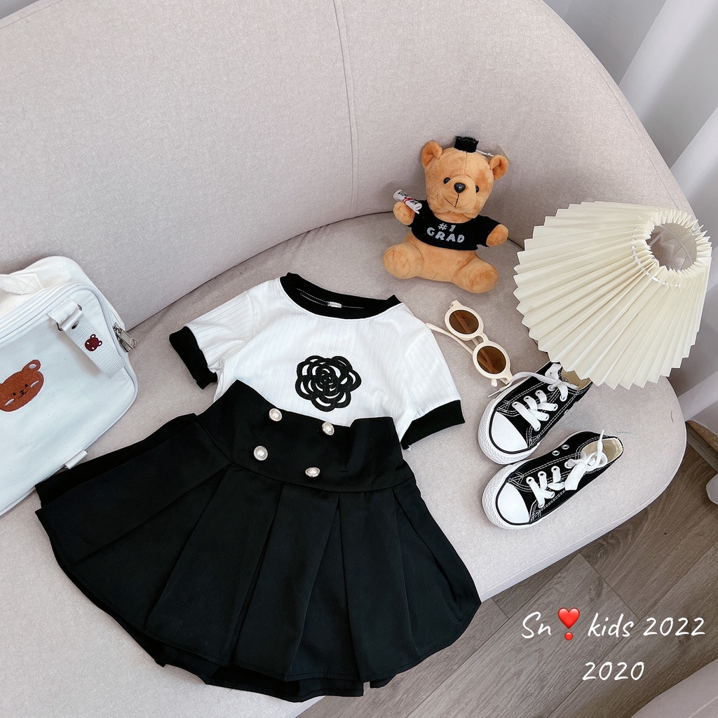 Sét váy tiểu thư cho bé gái, set áo tăm đũa hoa trà đen phối chân váy xòe xếp ly ( có lớp lót) cho bé sz 10-32kg