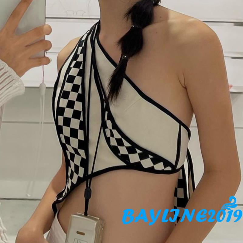 Áo Lửng Hai Dây Hở Lưng Dáng Ôm In Họa Tiết Bảng Đắp Vá Thời Trang Mùa Hè Dành Cho Bạn Nữ