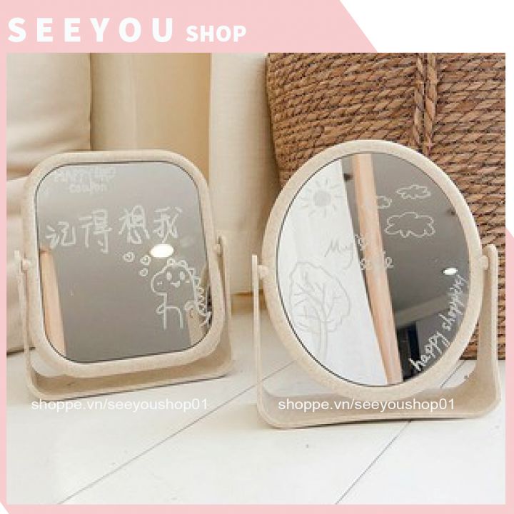 Gương để bàn trang điểm tai gấu , Kim Loại , Viền Sóng , Xương Rồng , Vịt Hàn Quốc xinh xắn dễ thương cá tính