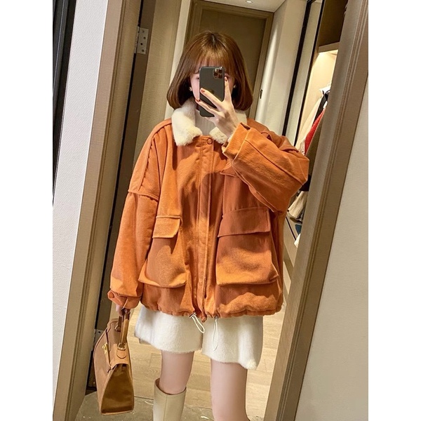 Áo Khoác Kaki 2 Lớp Lót Lông Cổ Bẻ 🦋 Áo Đại Hàn Nữ Dáng Rộng Túi Ngực 3 Màu 🦋 | BigBuy360 - bigbuy360.vn