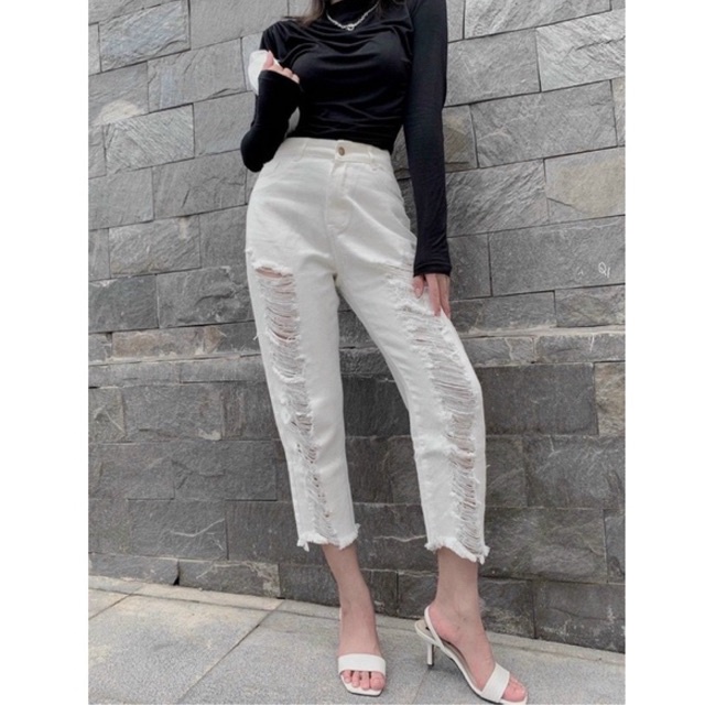 Quần baggy bò rách đen trắng, Quần jean cạp cao QS6363 - NhiNhi Shop