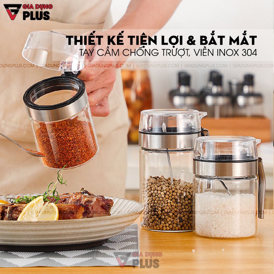 Lọ đựng gia vị thuỷ tinh chịu nhiệt, chịu lực cao cấp - tay cầm và viền inox 304 nắp bật PHALEDO