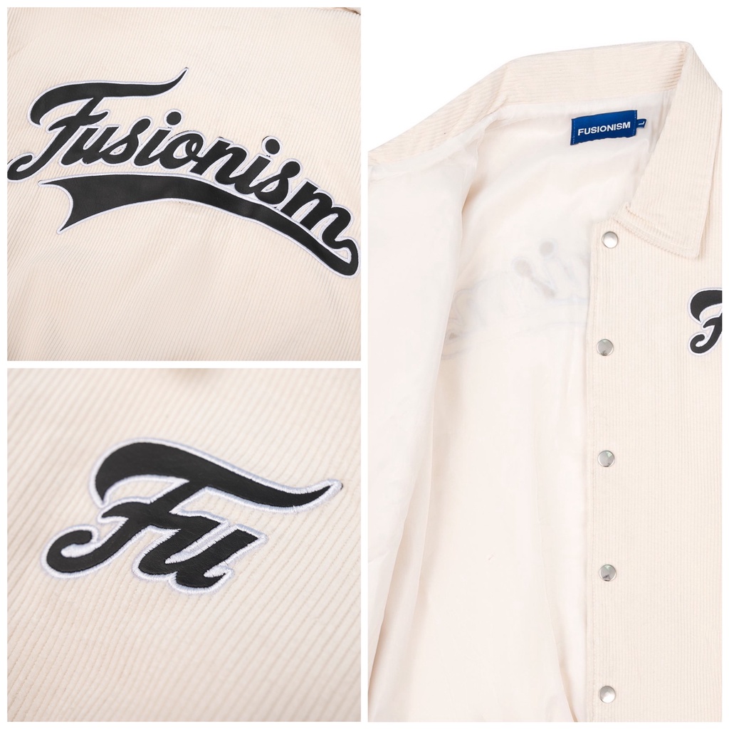 Áo Khoác Jacket Nhung Gân Corduroy Logo Basic Fusionism / Màu Đen - Kem / Unisex Nam Nữ