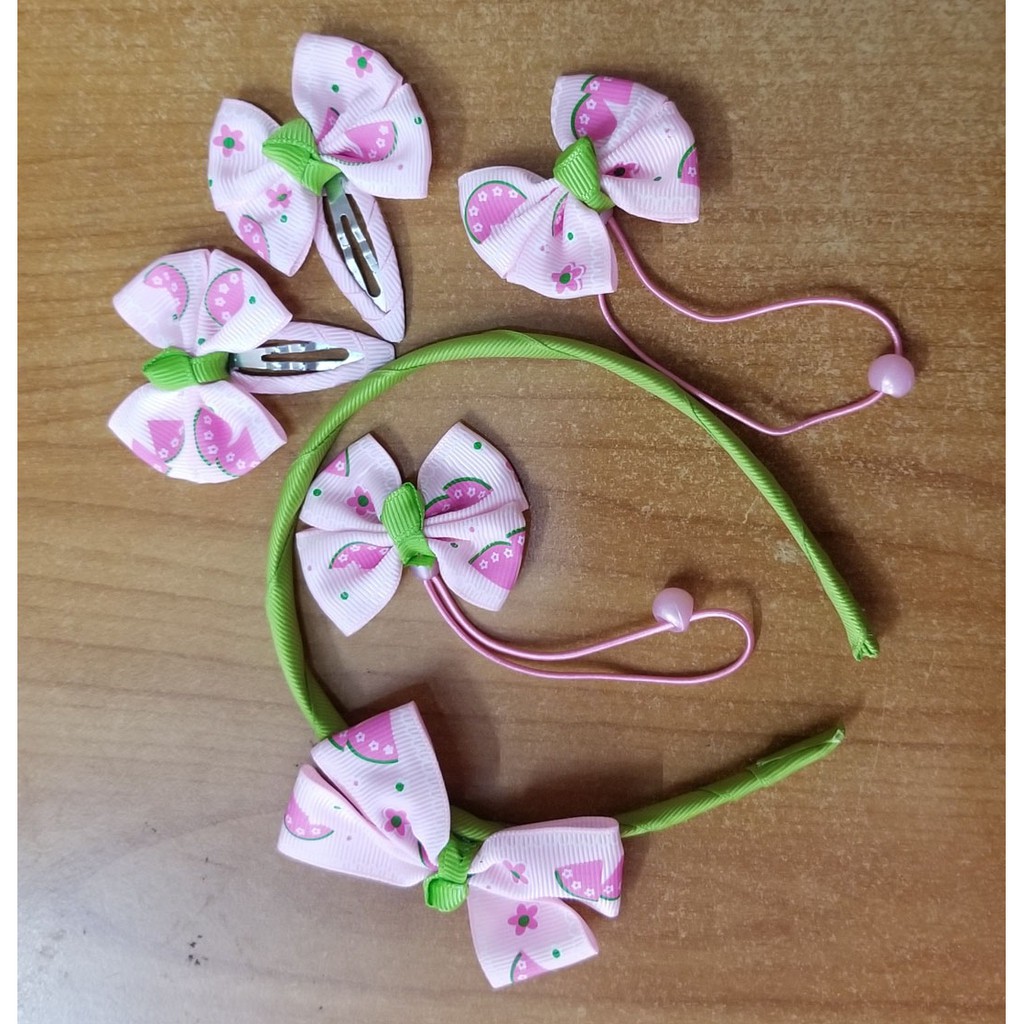 Bộ quà tặng băng đô kẹp tóc buộc tóc hoa sắc màu và nơ dưa hấu bé gái