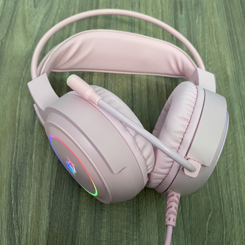 Tai nghe chụp tai, tai nghe gaming RKX kèm mic có đèn led dễ thương. màu hồng chân usb 7.1
