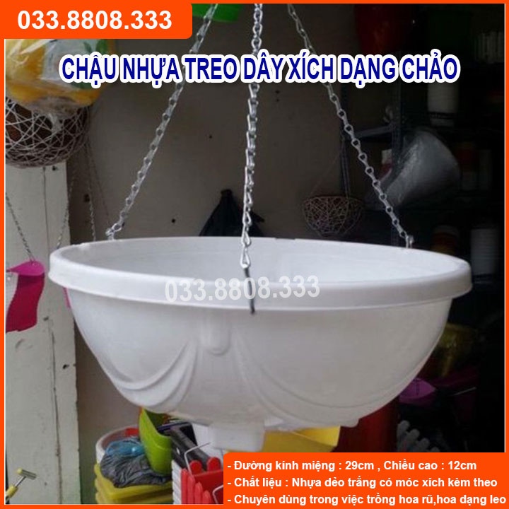 5 Chậu Chảo Nhựa Trắng ( Tặng Kèm Móc Xích) 29x12 - Chậu Trồng Hoa Đẹp