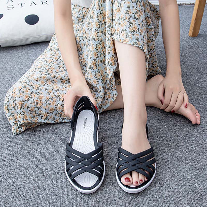 Oeteo Xăng đan Nhựa Đế Bằng Hở Ngón Chống Thấm Nước Thời Trang Cho Nữ
