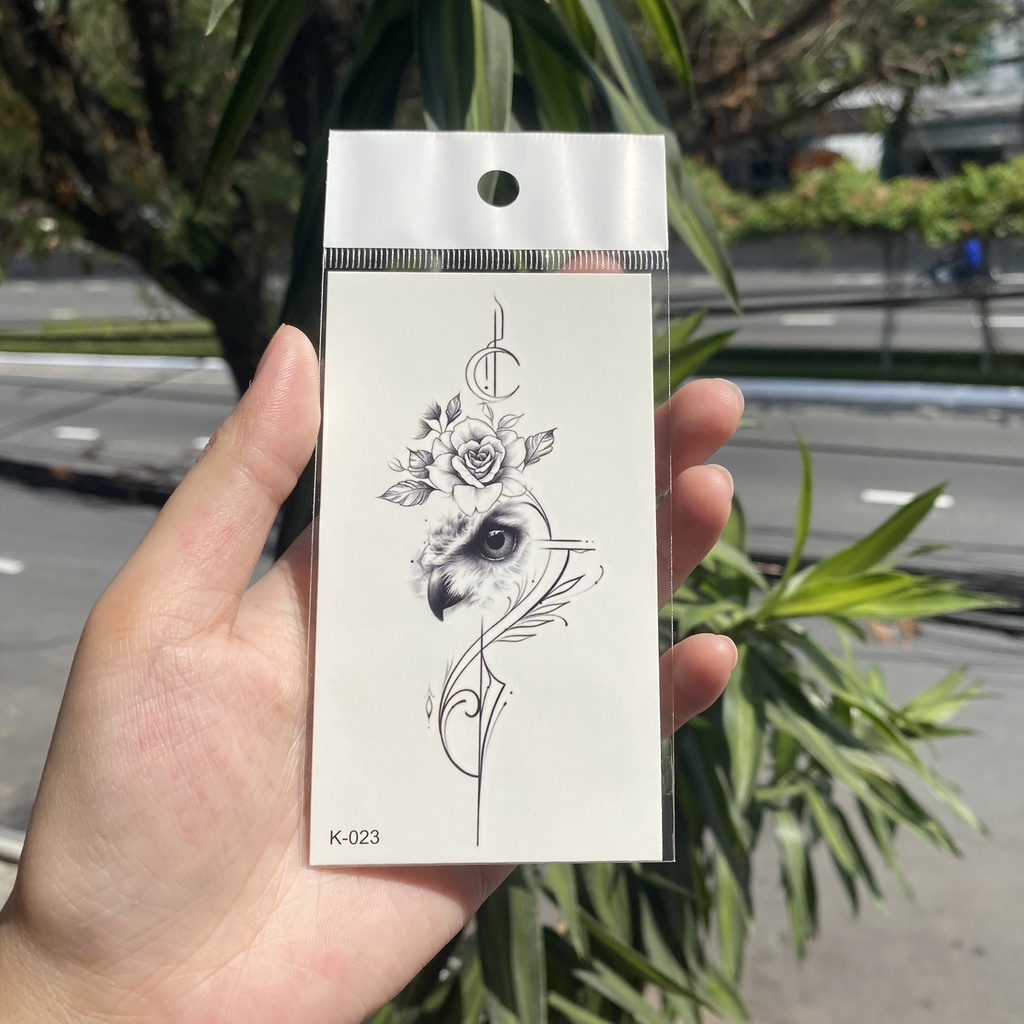 Hình xăm mắt cú + hoa k023 - miếng dán tatoo tạm thời size &lt;10x6cm