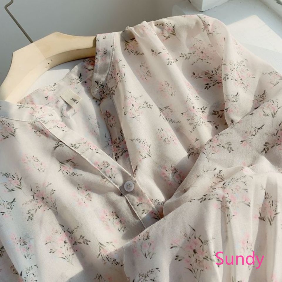 Áo Sơ Mi Chiffon Cổ Chữ V In Hoa Phong Cách Hàn Quốc Thời Trang Mùa Hè Plus Size Dành Cho Nữ