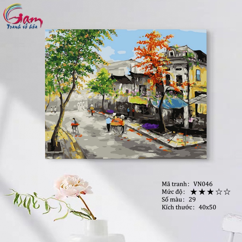 Tranh tô màu theo số Tranhsohoavn phong cảnh phố cổ Hà Nội mới lọ màu to 5ml + 2 bộ cọ + khung 2.5cm VN046