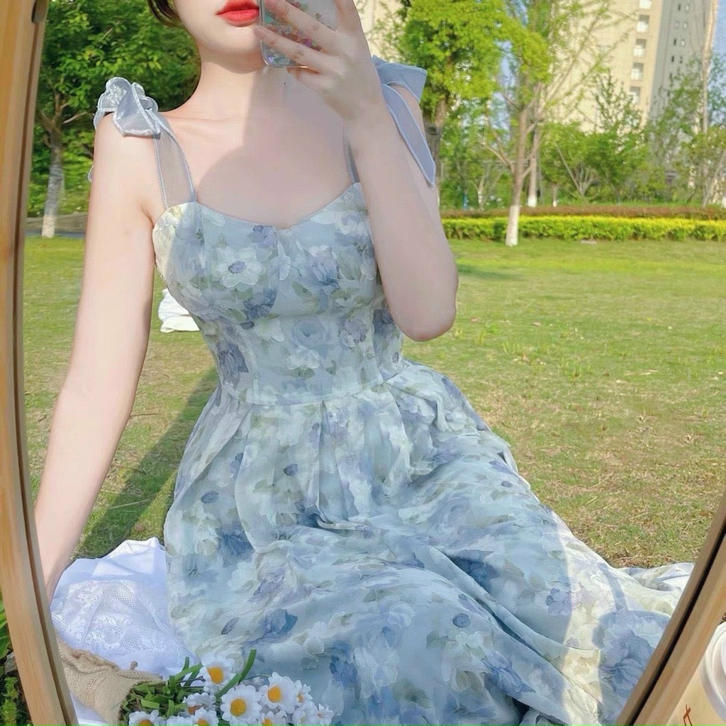 [HCM] Đầm Nữ Maxi Chingfon 2 Lớp 2 Dây Cột Nơ Vai (Có Mút Ngực) Thời Trang Nữ Sam Closet Free Size 40-55kg