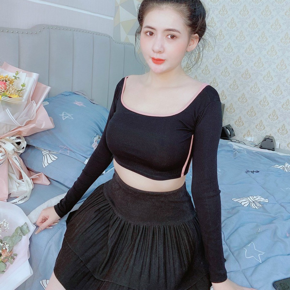 Áo kiểu croptop cổ U phối viền cổ màu xinh xinh ,chất thun thái mềm mịn mát