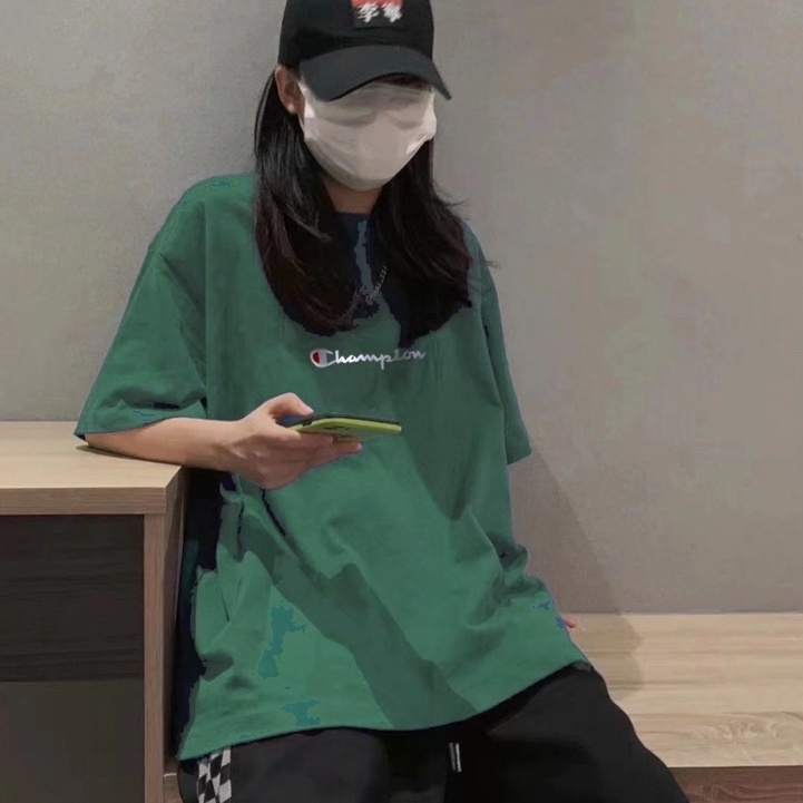 Áo thun tay lỡ MK cổ tròn phông unisex nam nữ màu xanh lá hottrend freesize cotton co giãn form rộng Champion