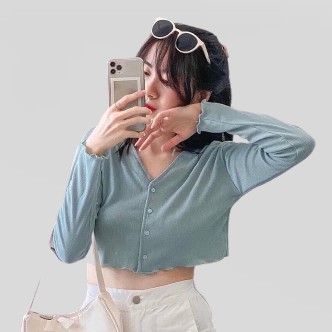 Áo croptop 4 cúc cổ tim - Áo len tăm dài tay cúc dọc siêu xinh - CM Shop