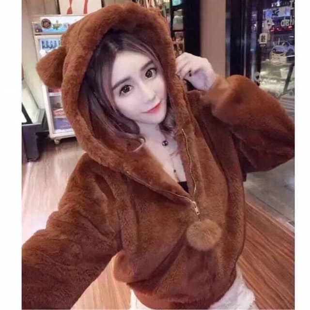 Áo khoác lông cừu tai gấu trơn dài tay from rộng màu đen hồng nâu trắng- Áo lông nữ mượt mà ấm áp phong cách hàn quốc