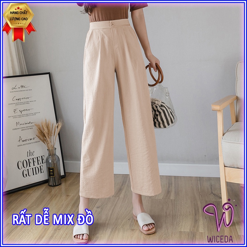 Quần ống rộng suông dài,quần culottes đũi nữ chất nhẹ thoáng mát  4 màu đen be trắng xanh ngọc WICEDA QD520.