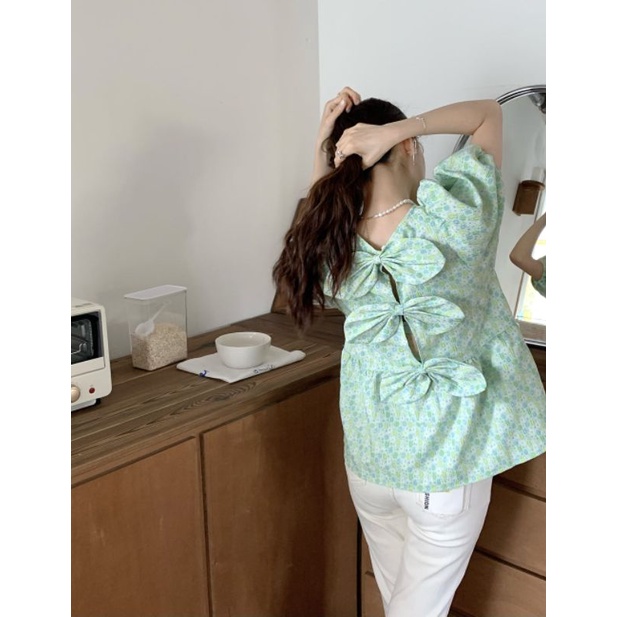 Áo Babydoll Vải Nhăn Tay Bồng Bo Chun Nơ Xinh Xắn Phong Cách Retro ❤️