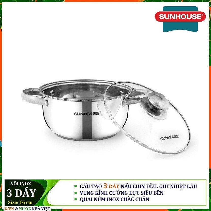 NỒI ĐƠN 3 ĐÁY INOX SUNHOUSE SH 22116 / SH 22120 / SH 22124 / SH 22126  ( 3 CỠ NỒI 16 CM - 20 CM  - 24 CM TIỆN DỤNG )