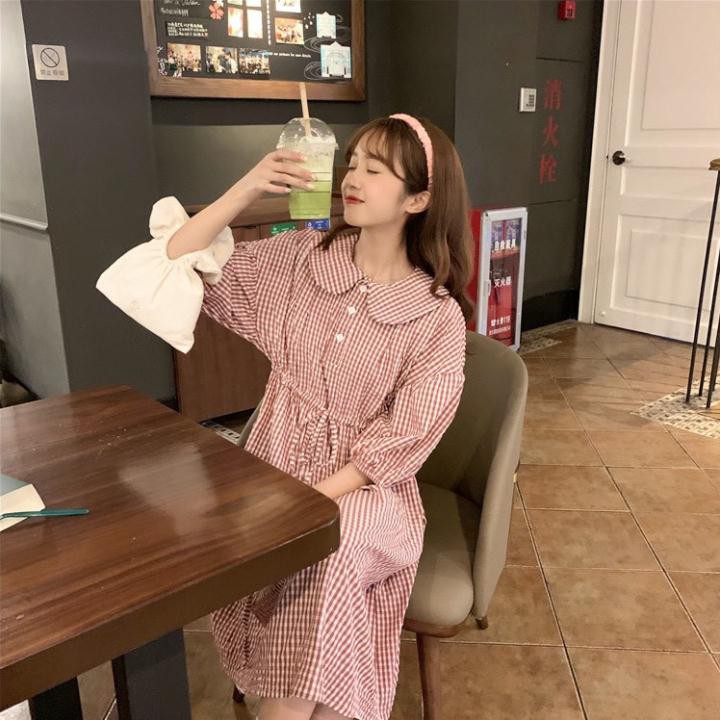 Đầm nữ quảng châu - Váy đỏ caro nữ dáng dài babydoll cổ sen tiểu thư, phong cách nhẹ nhàng nữ tính V98