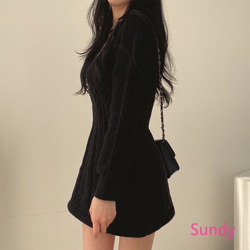 Đầm Sweater Dệt Kim Tay Dài Cổ Chữ V Thời Trang Thu Đông Cho Nữ