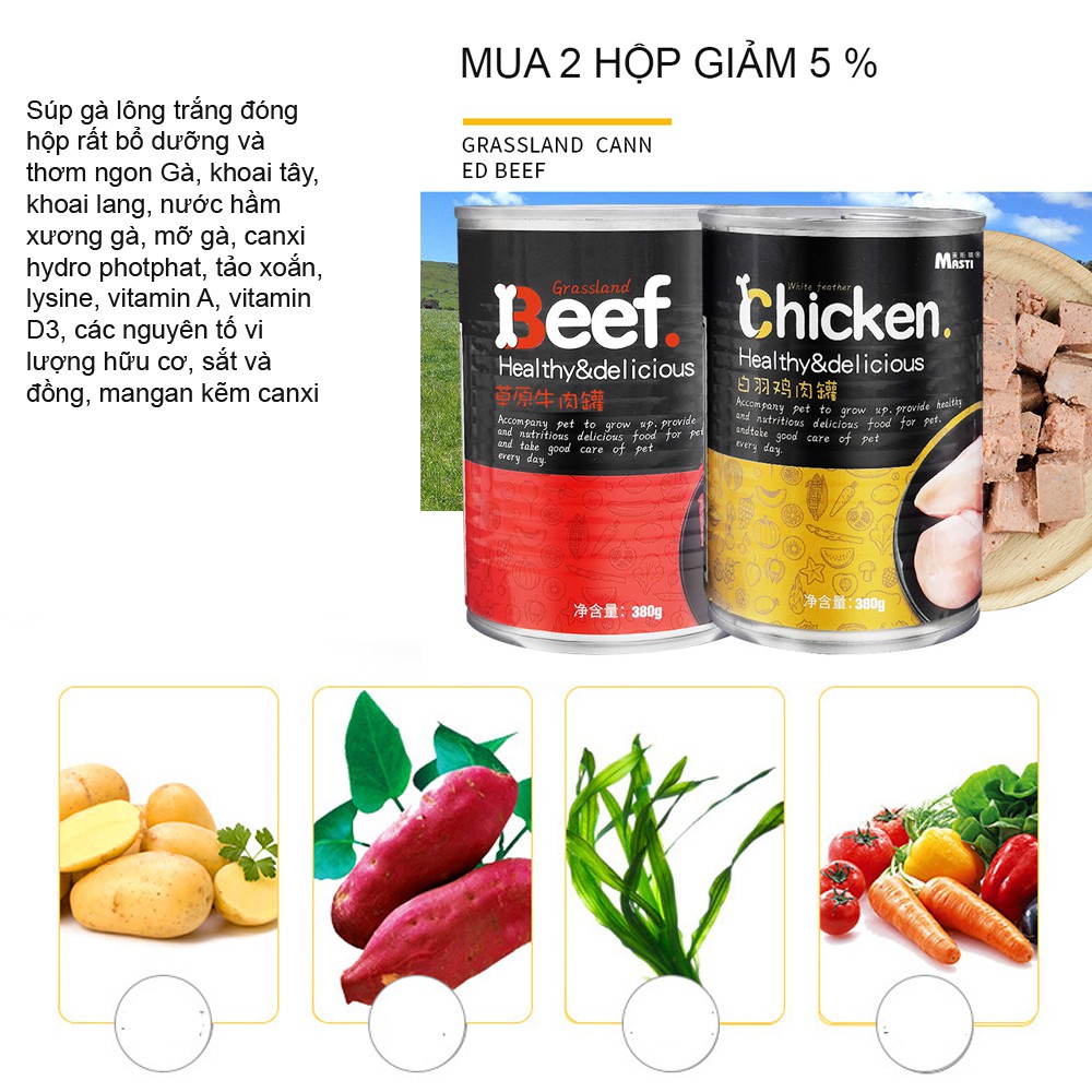 Hộp pate cho chó MASTI combo 2 hộp thức ăn dinh dưỡng cho chó giàu protein tăng cường thể chất-380gr