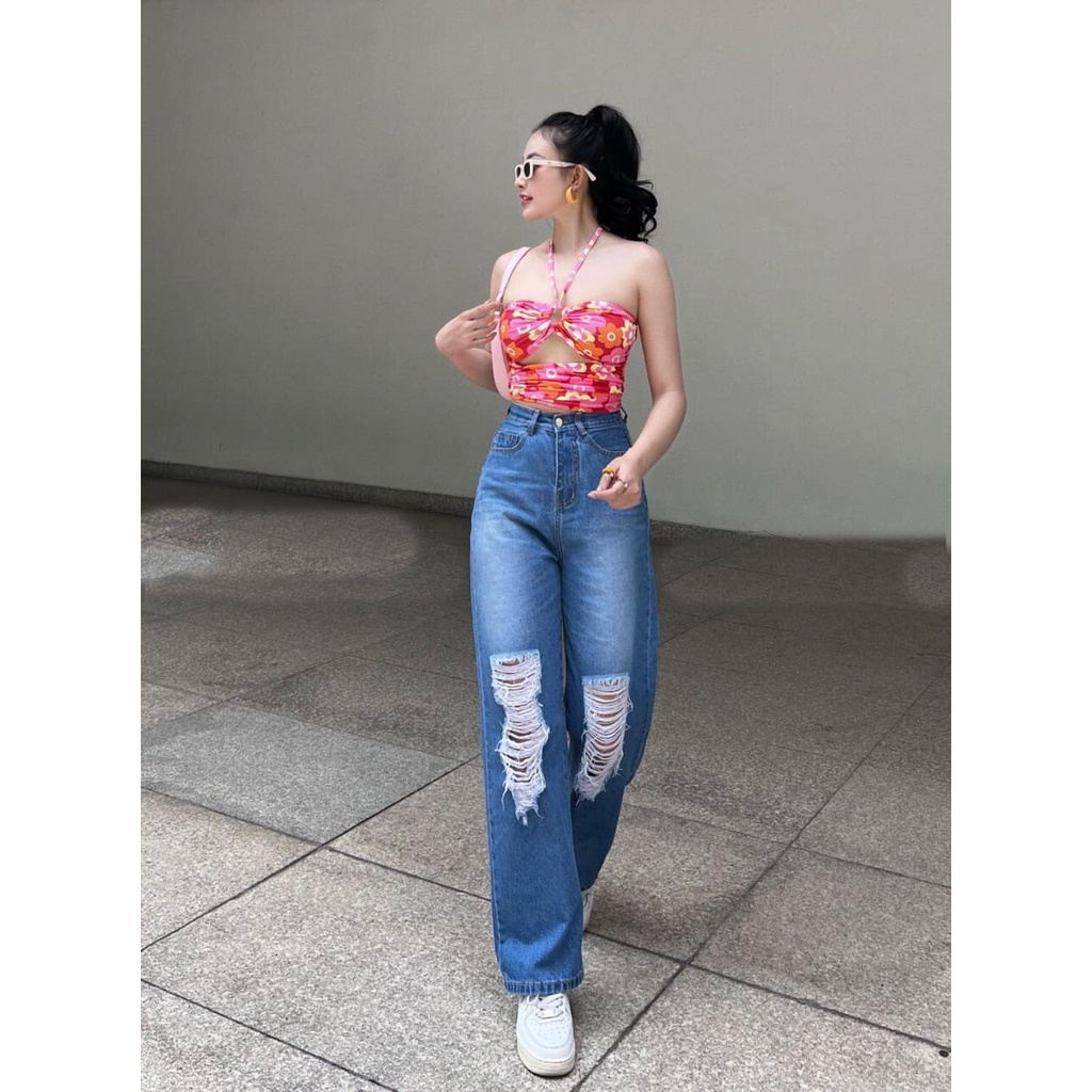 QUẦN JEANS ỐNG RỘNG NỮ LƯNG CAO RÁCH 2 CÀO CHỮ NHẬT ĐÙI MÀU XANH ĐẬM PHỐI PHUN THỜI TRANG LAI CUỐN DÀY DẶN PHÁ CÁCH HADI