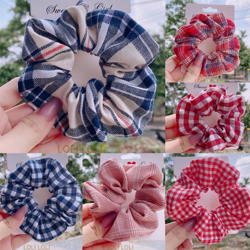 scrunchies cột tóc caro phong cách Hàn Quốc. vải dày đẹp Loli