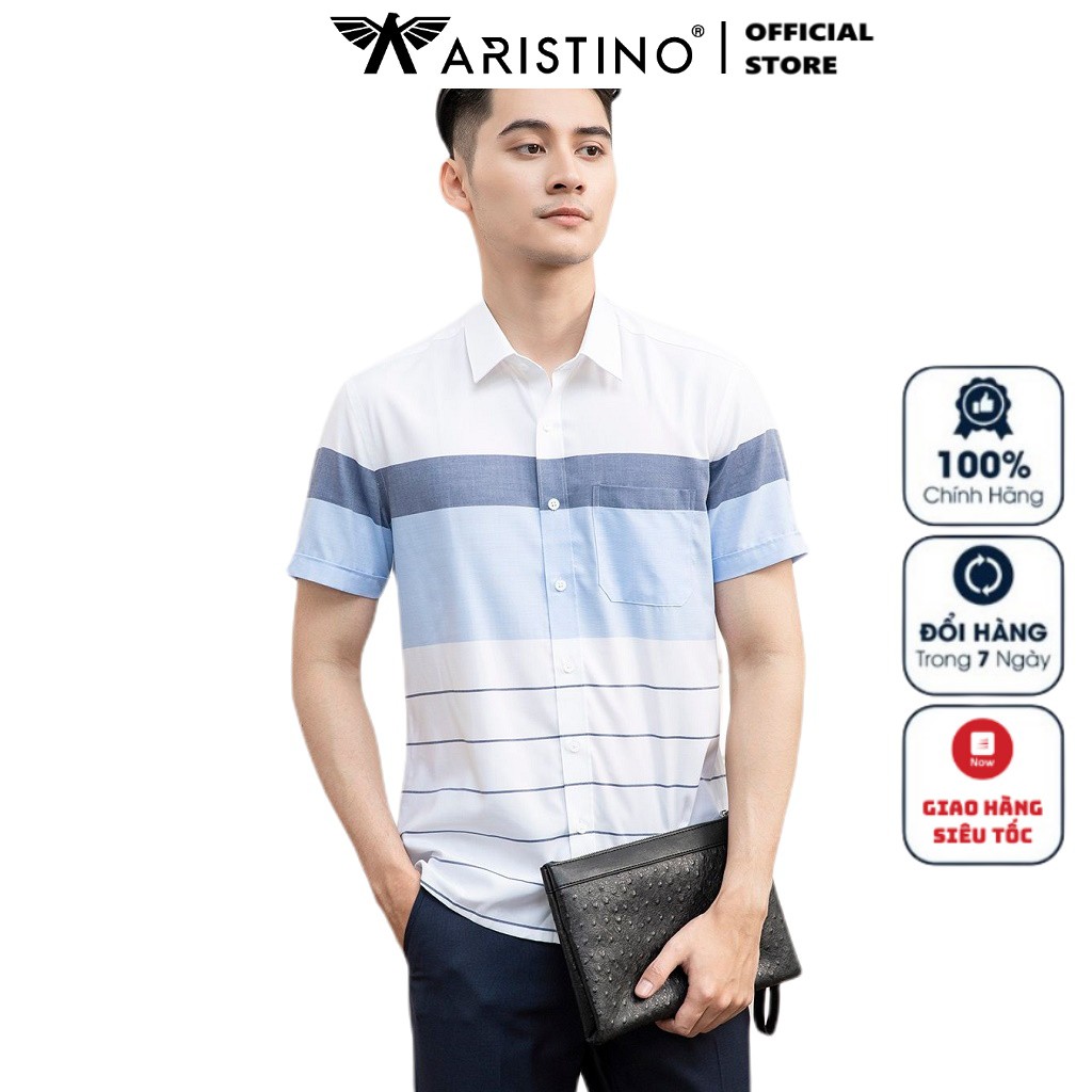 Áo Sơ Mi Nam Ngắn Tay ARISTINO ASS112S1 Somi Công Sở Cao Cấp Màu Trắng Kẻ Ngang Xanh Chất Sợi Sồi Dáng Suông Tà Bằng