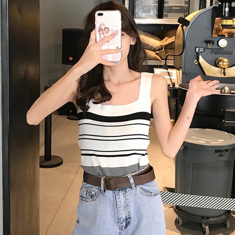 Áo Hai Dây Dệt Kim Hoạ Tiết Kẻ Sọc Kiểu Dáng Quyến Rũ