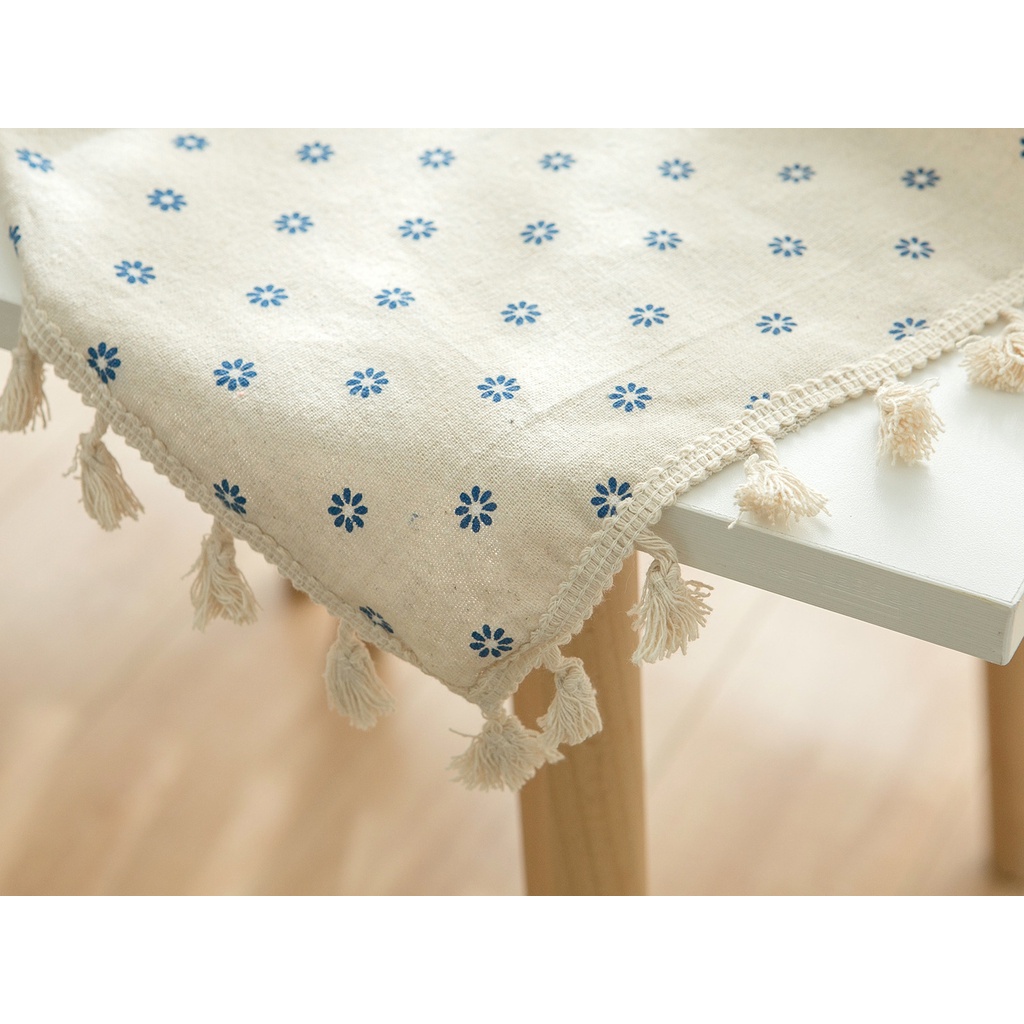 Khăn trải bàn vải lanh cotton phối ren tua rua chống bụi trang trí tiện dụng